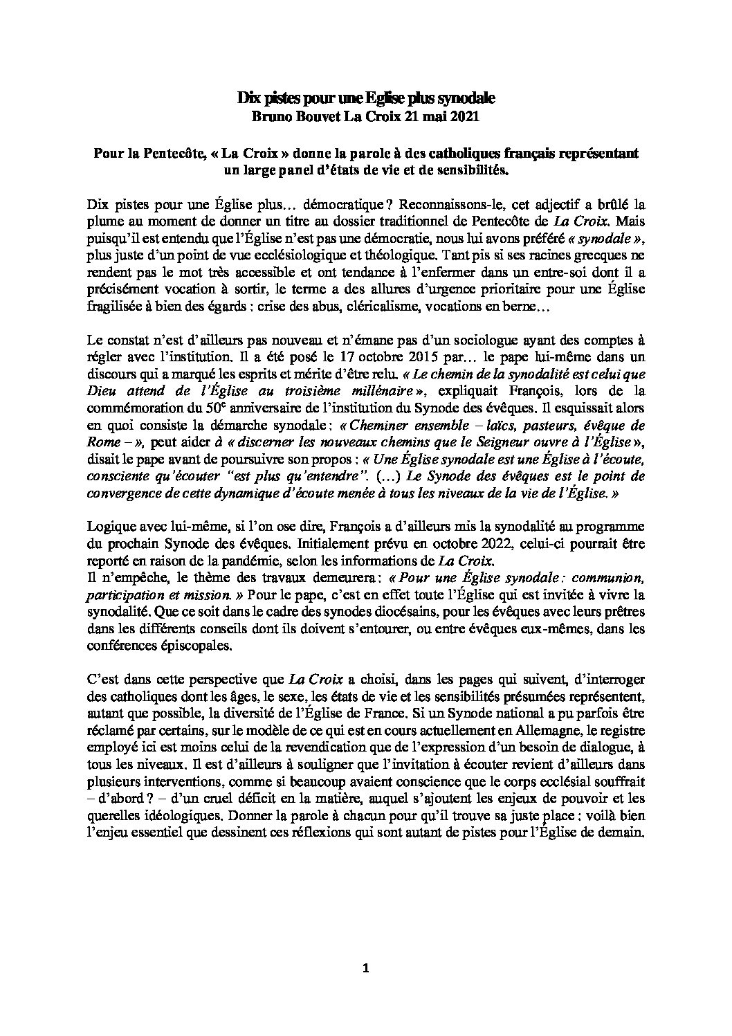 Dix pistes pour une Eglise plus synodale